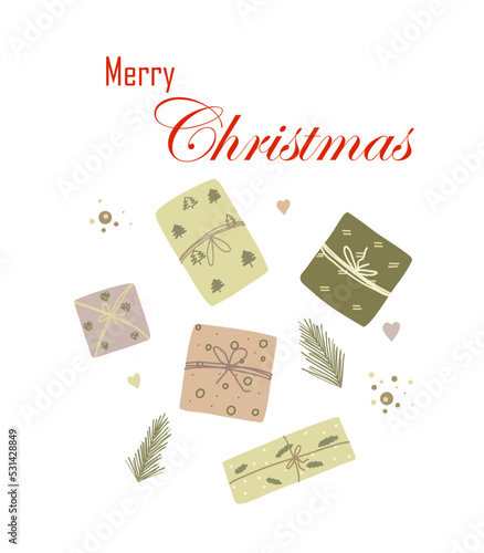 Christmas card. Christmas and New Year greeting card invitation. Gifts, presents, congratulations.