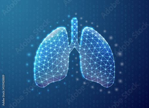 Lungs polygonal symbol with binary code background. Reproductive system concept design vector illustration. Blue Organ anatomy low poly symbol
