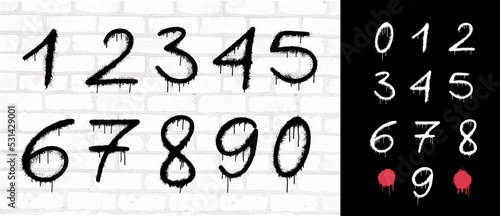 Stencil number 0 and drip paint. Black on white, 1, 2, 3, 4, 5, 6, 7 8, 9 white on black. Vector illustration. Numbers from zero to nine. Set of graffiti number spray pattern. Elements decoration.