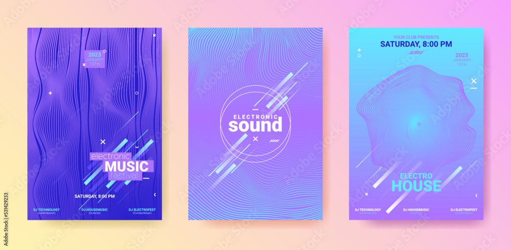 Dance Music Flyer. Electronic Party Cover. Vector Dj Background. Gradient Wave Line. Dance Music Flyer Set. Futuristic Fest Illustration. Techno Sound Poster. Blue Purple Dance Music Flyer.