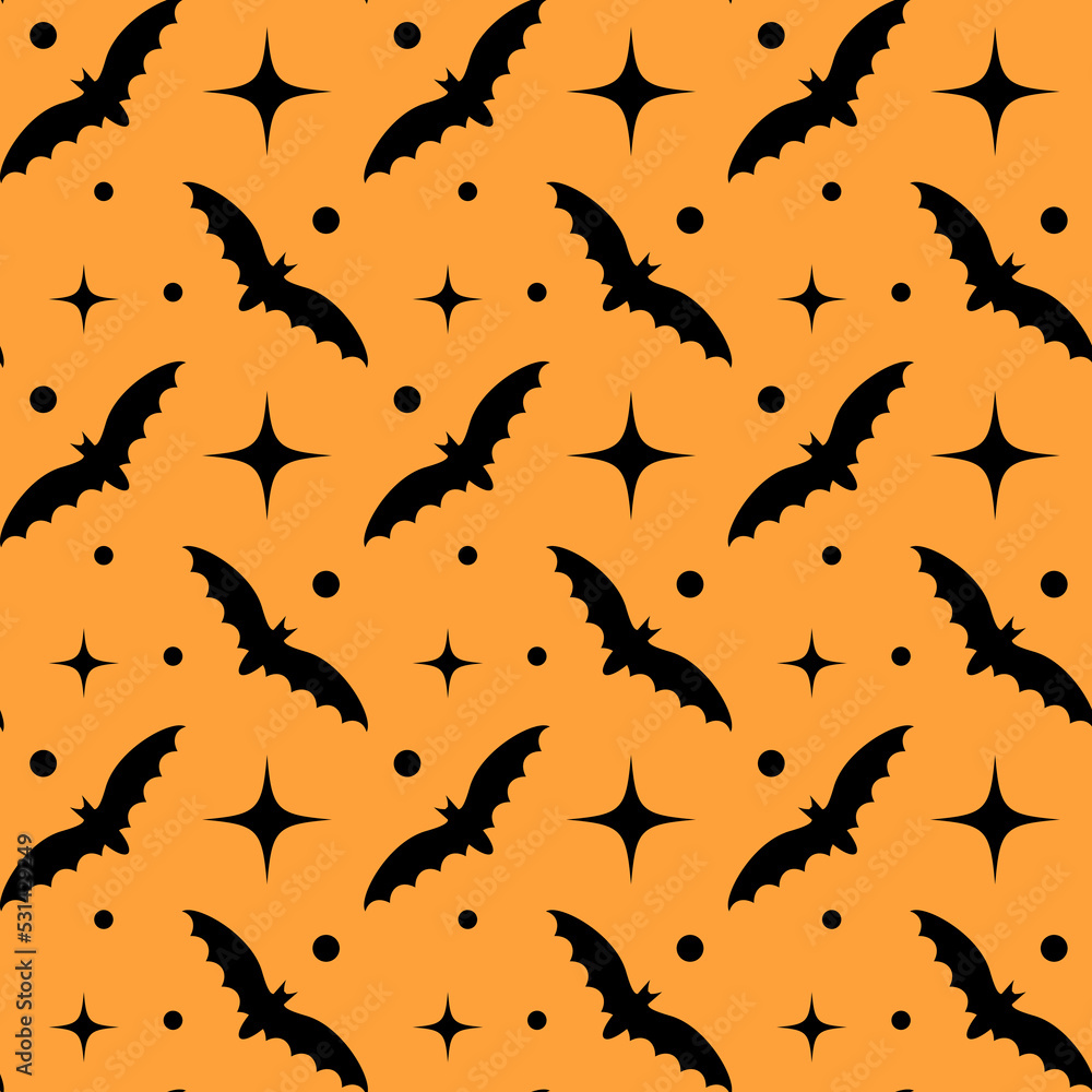 Halloween seamless pattern with black bats and retro stars on orange background. For wrapping paper, fabric print, greeting cards design