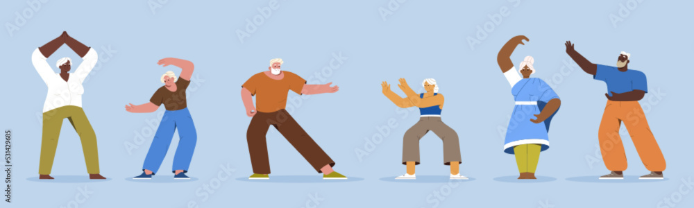 Flat elderly people doing physical tai chi exercises, yoga or qigong for healthy flexible body. Diverse group of pensioners at fitness workout. Old characters in sport clothes exercising of gymnastics