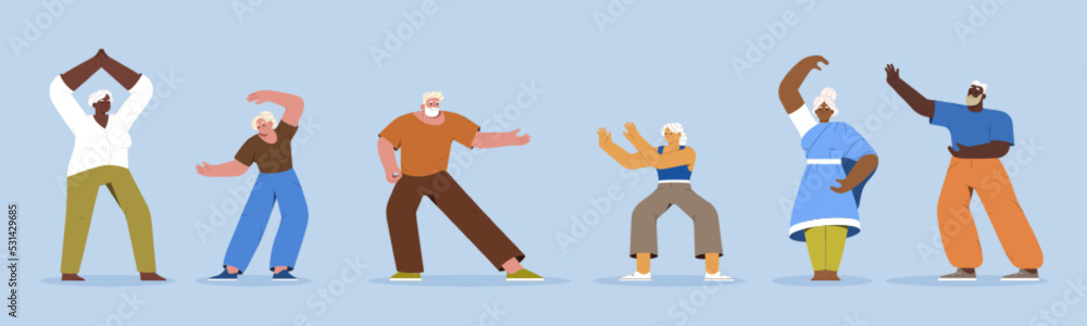 Flat elderly people doing physical tai chi exercises, yoga or qigong for healthy flexible body. Diverse group of pensioners at fitness workout. Old characters in sport clothes exercising of gymnastics Flat elderly people doing physical tai chi exercises, yoga or qigong for healthy flexible body. Diverse group of pensioners at fitness workout. Old characters in sport clothes exercising of gymnastics