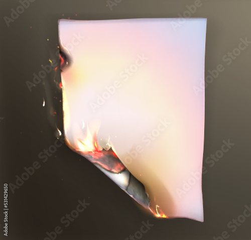 Realistic burnt ripped sheet with scorched borders. smoldering paper page with fire and black ash on dark background. Charred old piece of parchment in flame with burned uneven edges.