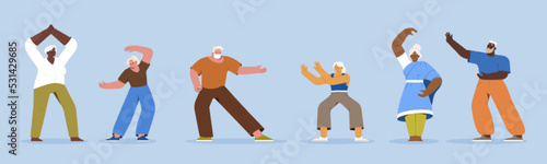 Flat elderly people doing physical tai chi exercises, yoga or qigong for healthy flexible body. Diverse group of pensioners at fitness workout. Old characters in sport clothes exercising of gymnastics