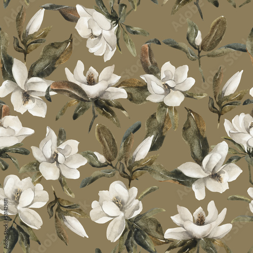 Vintage seamless pattern with flowers. Magnolia autumn pattern. White flowers patterns. Background. Pattern with magnolia flowers and leaves. White floral pattern 10000 x 10000 px 300 DPI. 