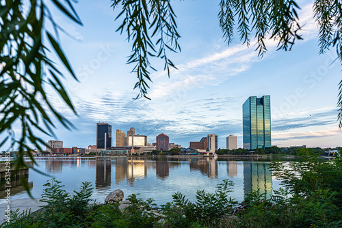 Toledo, Ohio skyline reflected in the water of the Maumee river at dawn