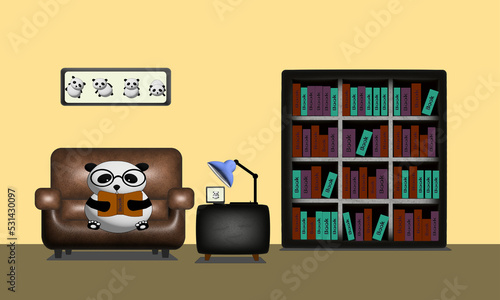 Cute panda reading in the book room cream color background 3d concept for illustration