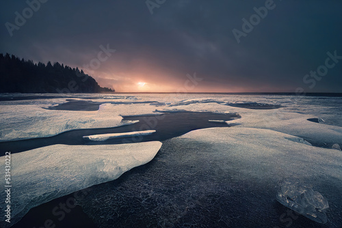 Beautiful ice sea shore at sunset with snowy coastline  digital illustration  digital painting  cg artwork  realistic illustration  3d render