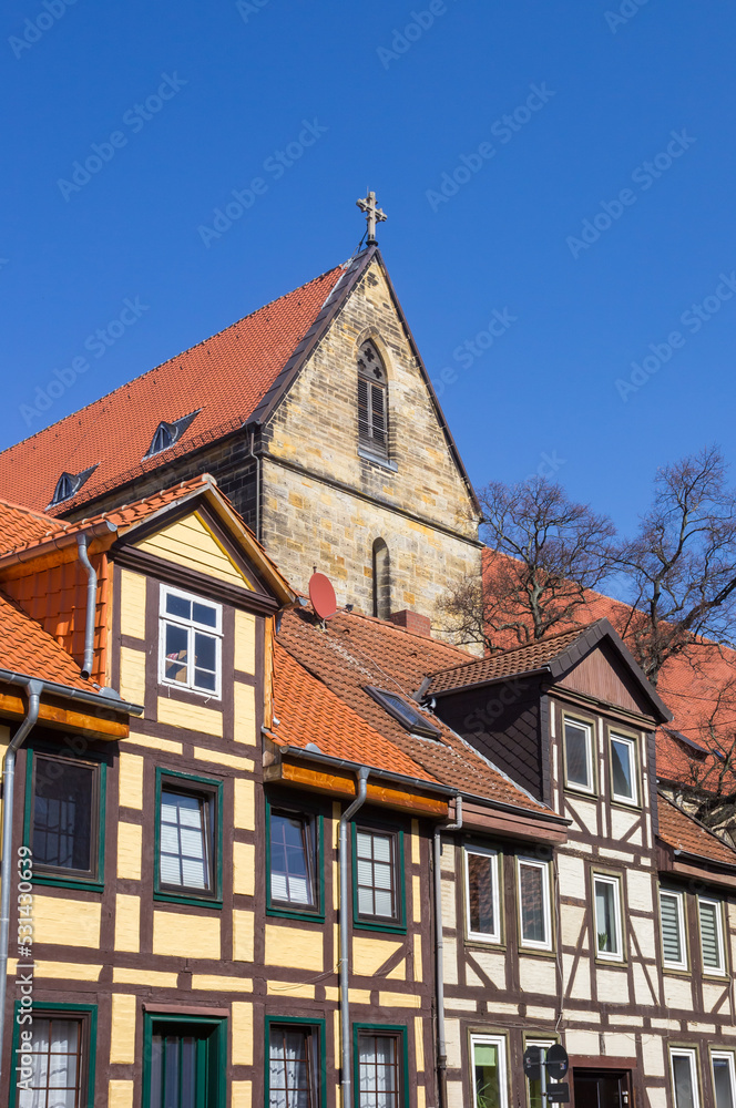 Half timbered houses and church tower in Helmstedt, Germany