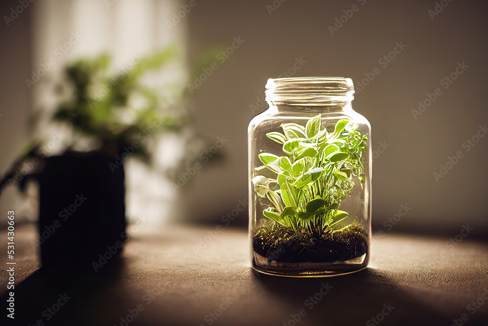 Green organic spice plant in a glass jar, abstract nature background, digital illustration, digital painting, cg artwork, realistic illustration, 3d render Green organic spice plant in a glass jar, abstract nature background, digital illustration, digital painting, cg artwork, realistic illustration, 3d render