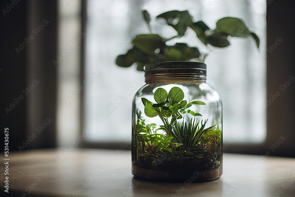 Green organic spice plant in a glass jar, abstract nature background, digital illustration, digital painting, cg artwork, realistic illustration, 3d render Green organic spice plant in a glass jar, abstract nature background, digital illustration, digital painting, cg artwork, realistic illustration, 3d render