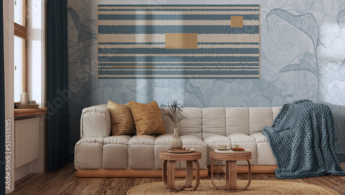 Vintage living room in blue and beige tones, rattan furniture, parquet floor and wallpaper. Farmhouse interior design