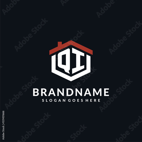 Initial letter QI logo with home roof hexagon shape design ideas