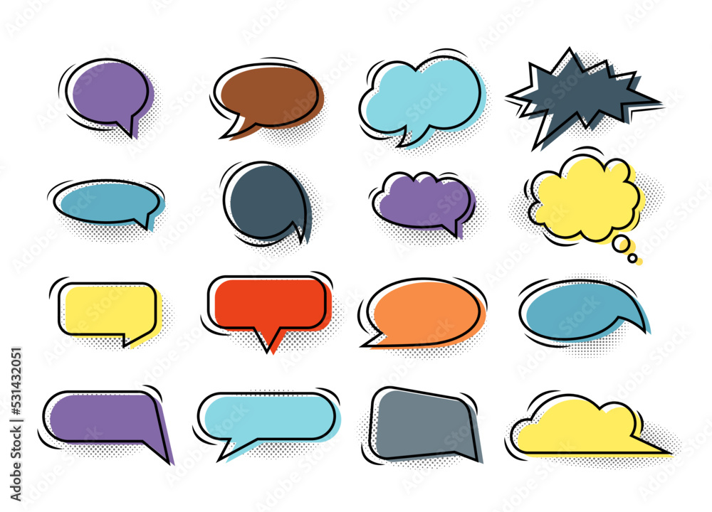 Hand drawn collection of color empty comic speech bubbles stickers with cloud, shadow halftone isolated. Pop art vector cartoon illustration in retro style. Design for comic book, poster, banner Hand drawn collection of color empty comic speech bubbles stickers with cloud, shadow halftone isolated. Pop art vector cartoon illustration in retro style. Design for comic book, poster, banner