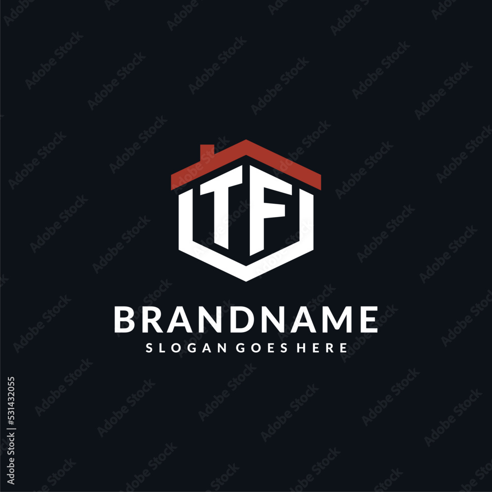 Initial letter TF logo with home roof hexagon shape design ideas Stock ...