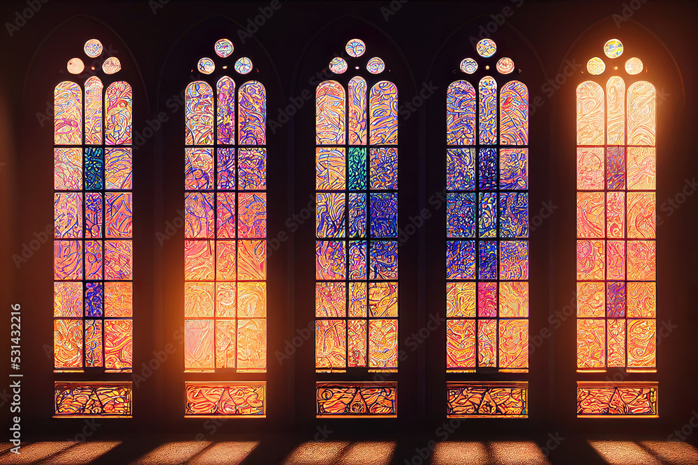 Beautiful colorful gothic stained cathedral window, digital illustration, digital painting, cg artwork, realistic illustration, 3d render - obrazy, fototapety, plakaty 