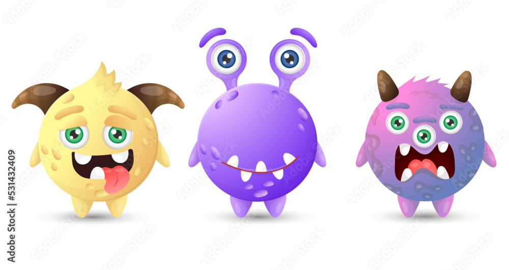 Naklejka premium Collection of multicolored round funny monsters. Yellow, purple, pink cartoon aliens.