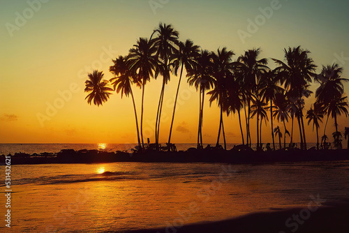 Beautiful tropical sunset at the beach  palm trees  ocean shore  digital illustration  digital painting  cg artwork  realistic illustration  3d render