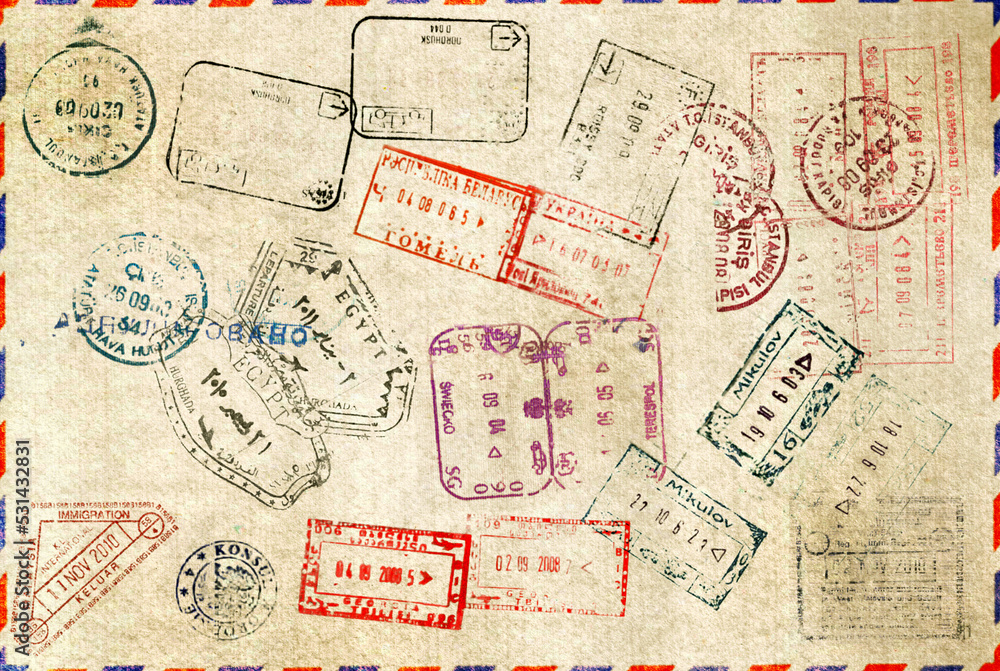 Travel background with different passport stamps - obrazy, fototapety, plakaty 