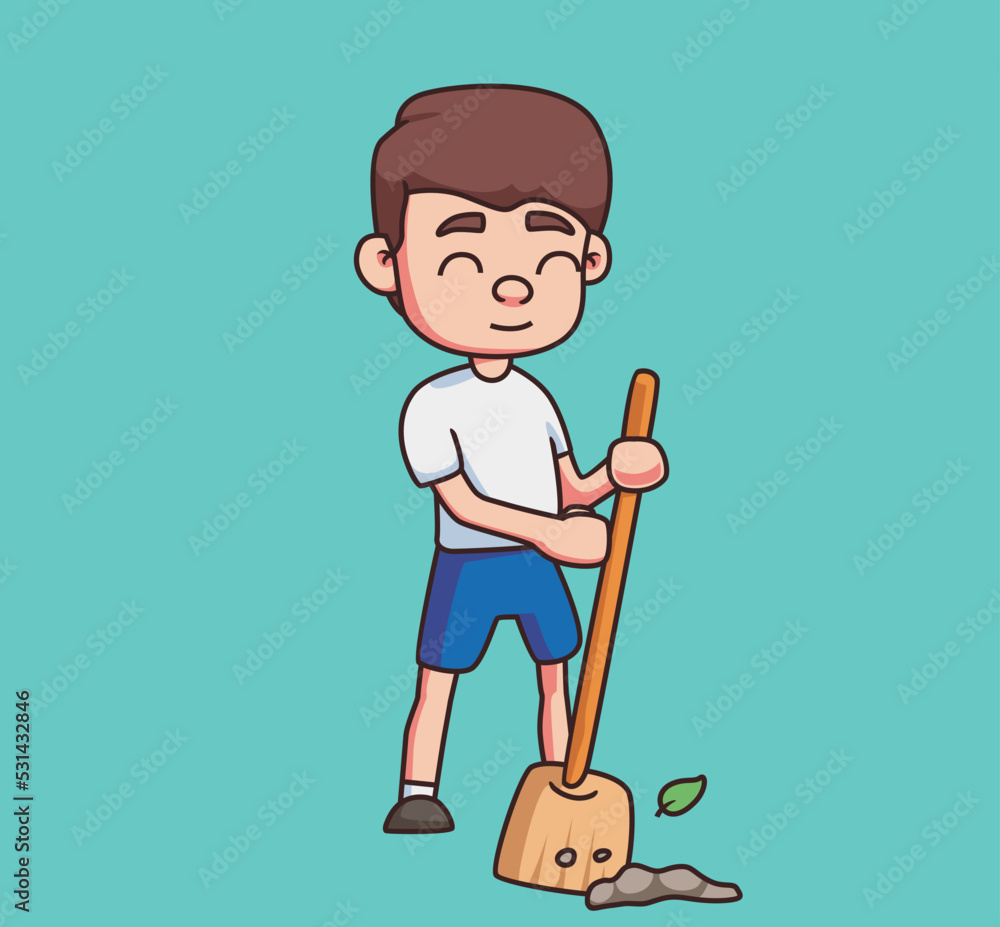 little boy sweeping cartoon illustration