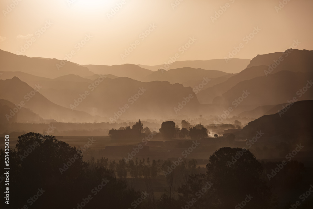 Sunset over the hills surrounding Bamiyan (also spelled Bamian or Bamyan), Afghanistan