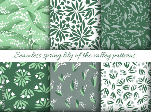 Convallaria Majalis Pattern. Seamless Lili Valley Background. Botanic Decoration. Elegant Convallaria Majalis. Floral Leaves Wallpaper. Flower Bud Illustration. Convallaria Majalis.