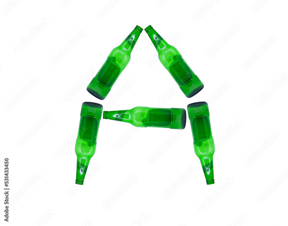 The letter A is made of glass bottles