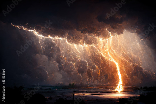 Aus riesigen abstrakten Wolkenbergen am Himmel schlagen Blitze auf die Erde.