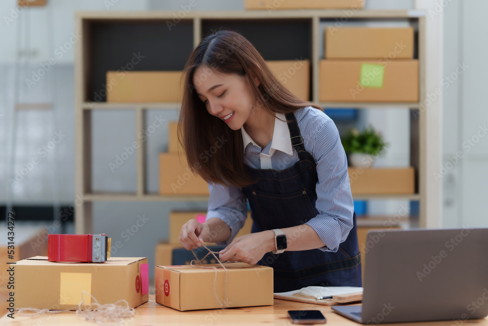 Asian small business owner working at home office. Business retail market and online sell marketing delivery, SME e-commerce concept Asian small business owner working at home office. Business retail market and online sell marketing delivery, SME e-commerce concept