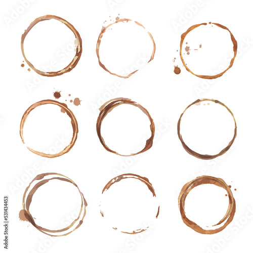 Large set of round shaped coffee cup stains on white