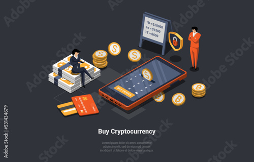 Blockchain Technology, Bitcoin, Altcoins And Cryptocurrency Investment Concept. Characters Buying Crypto Using Digital Wallets. People Making High-Risk Investments. Isometric 3d Vector Illustration