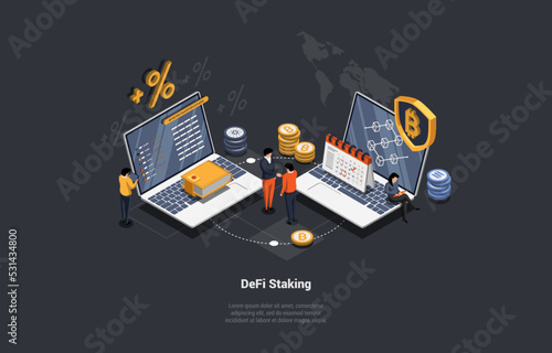 Blockchain Technology And Defi Staking Concept. People Earn Passive Income by Lending, Yield Farming And Staking, Locking Crypto Tokens Into a Smart Contract. Isometric 3d Cartoon Vector Illustration
