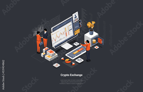 Blockchain Technology, Bitcoin, Altcoins, Buy And Sell Cryptocurrency Concept. Characters Trade Futures Crypto On Stock Market Exchange Services With Convenient App. Isometric 3d Vector Illustration