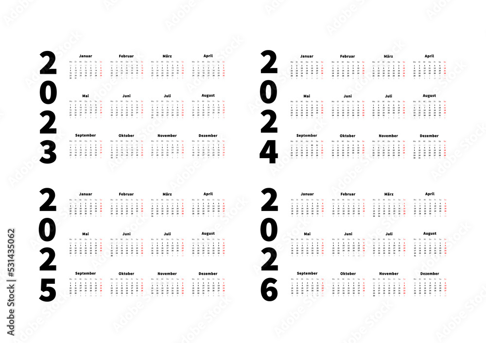 2023-2024-2025-2026-years-simple-horizontal-calendars-set-in-german-language-typographic