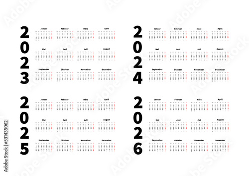 2023, 2024, 2025, 2026 years simple horizontal calendars set in german language, typographic calendars isolated on white