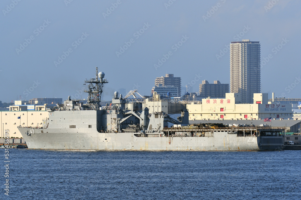 United States Navy USS Rushmore (LSD-47), Whidbey Island-class dock landing ship anchored at Yokohama Port in Japan.