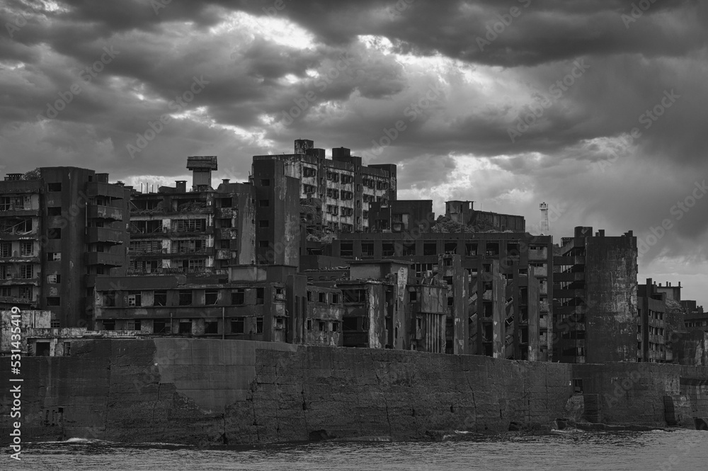 Landscape view of abandoned and isolated island, Hashima with old buildings as World Heritage site located in Nagasaki, Japan