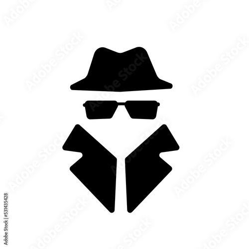Detective in sunglasses and hat, confidentiality concept icon on white