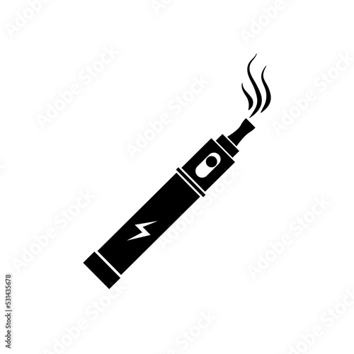 Vaping tool with smoke, detailed black icon, electronic cigarette sign on white