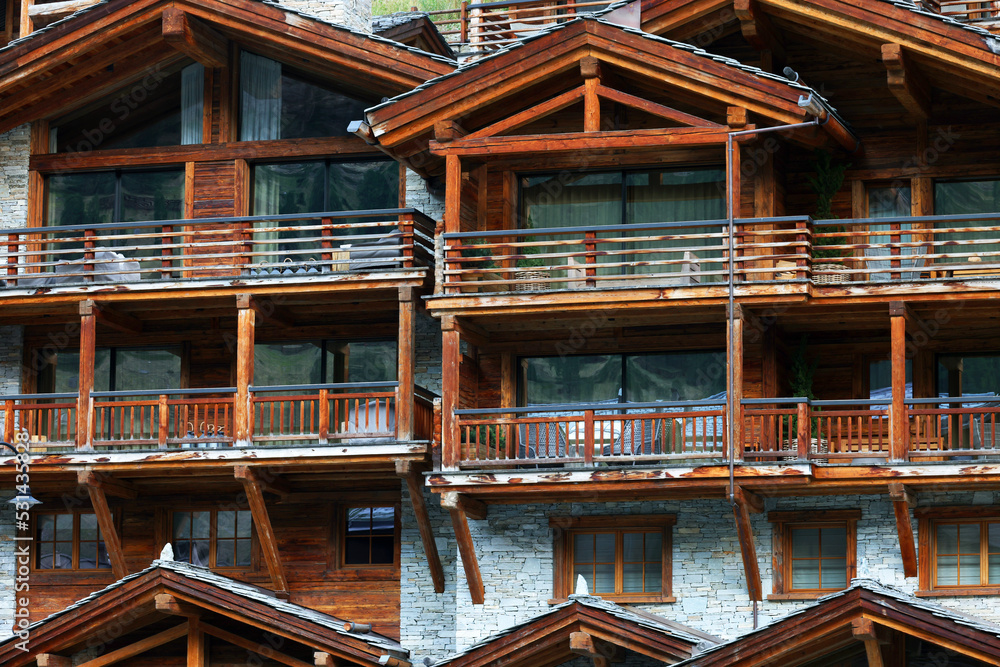 Traditional wooden architecture in Zermatt, Switzerland, Europe