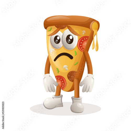 Cute pizza mascot with sad expression