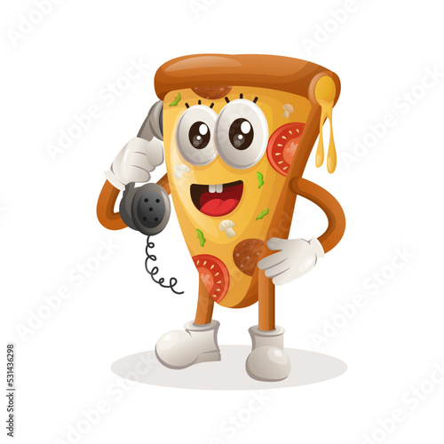 Cute pizza mascot pick up the phone, answering phone calls