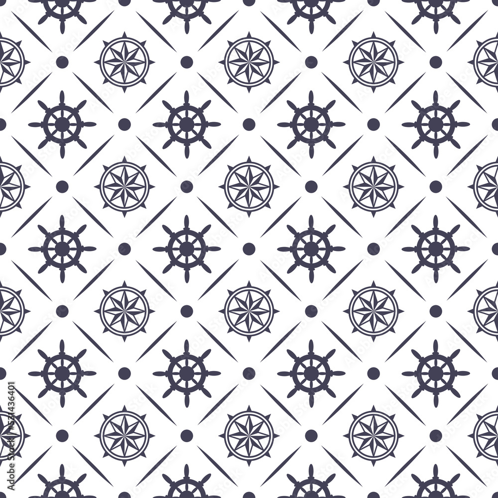 Seamless elegant pattern with sailing wheel, compass,  dots and rhombus decoration in navy blue color on white background