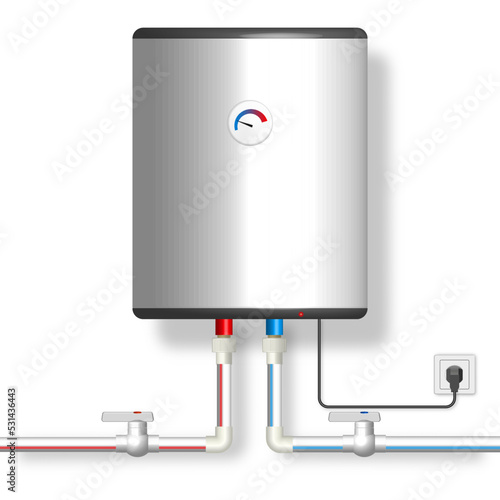 Plastic hot and cold water pipes with boiler, vector illustration.