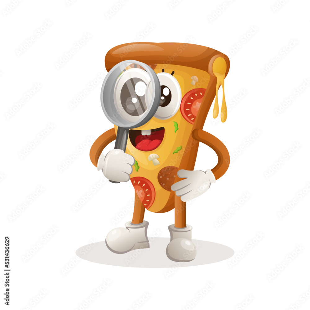 Cute pizza mascot conducting research, holding a magnifying glass Cute pizza mascot conducting research, holding a magnifying glass