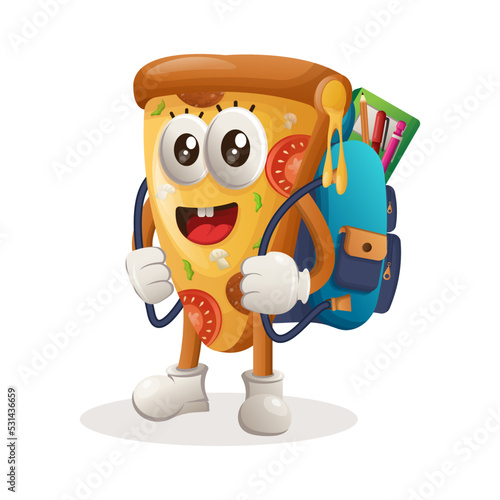 Cute pizza mascot carrying a schoolbag, backpack, back to school
