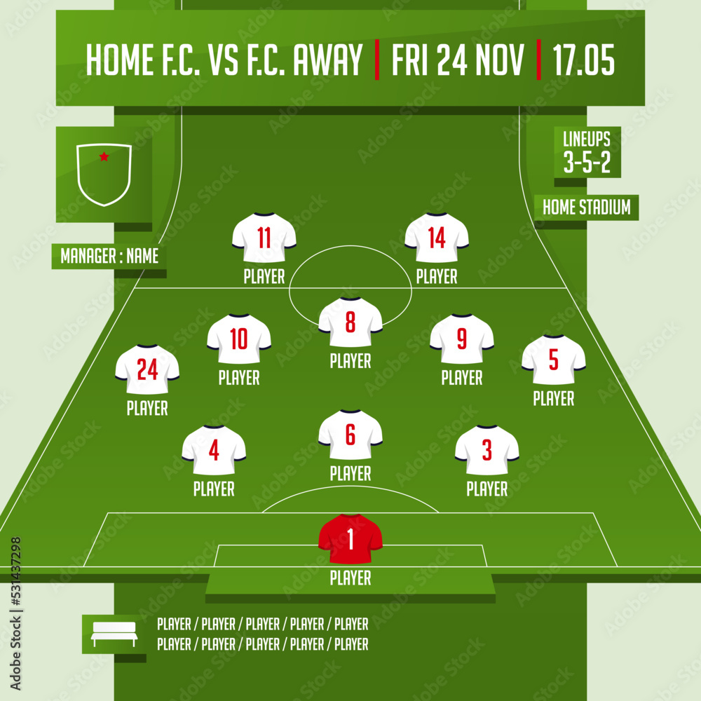 Football team formation, starting list or lineups infographic template