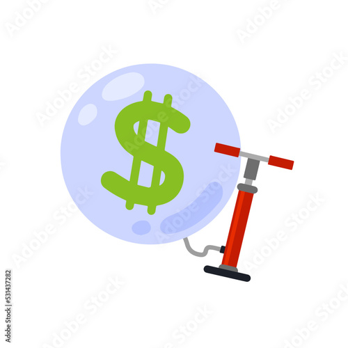Balloon with dollars inflated with air pump. Business concert