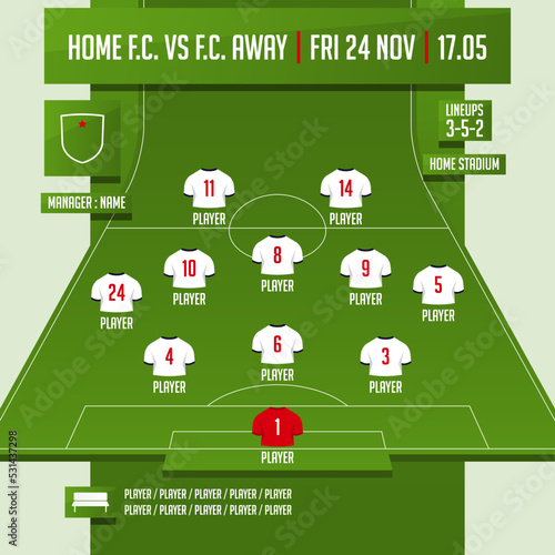 Football team formation, starting list or lineups infographic template. Set of football player position on soccer field.  Football kit, soccer jersey icon in flat design. 